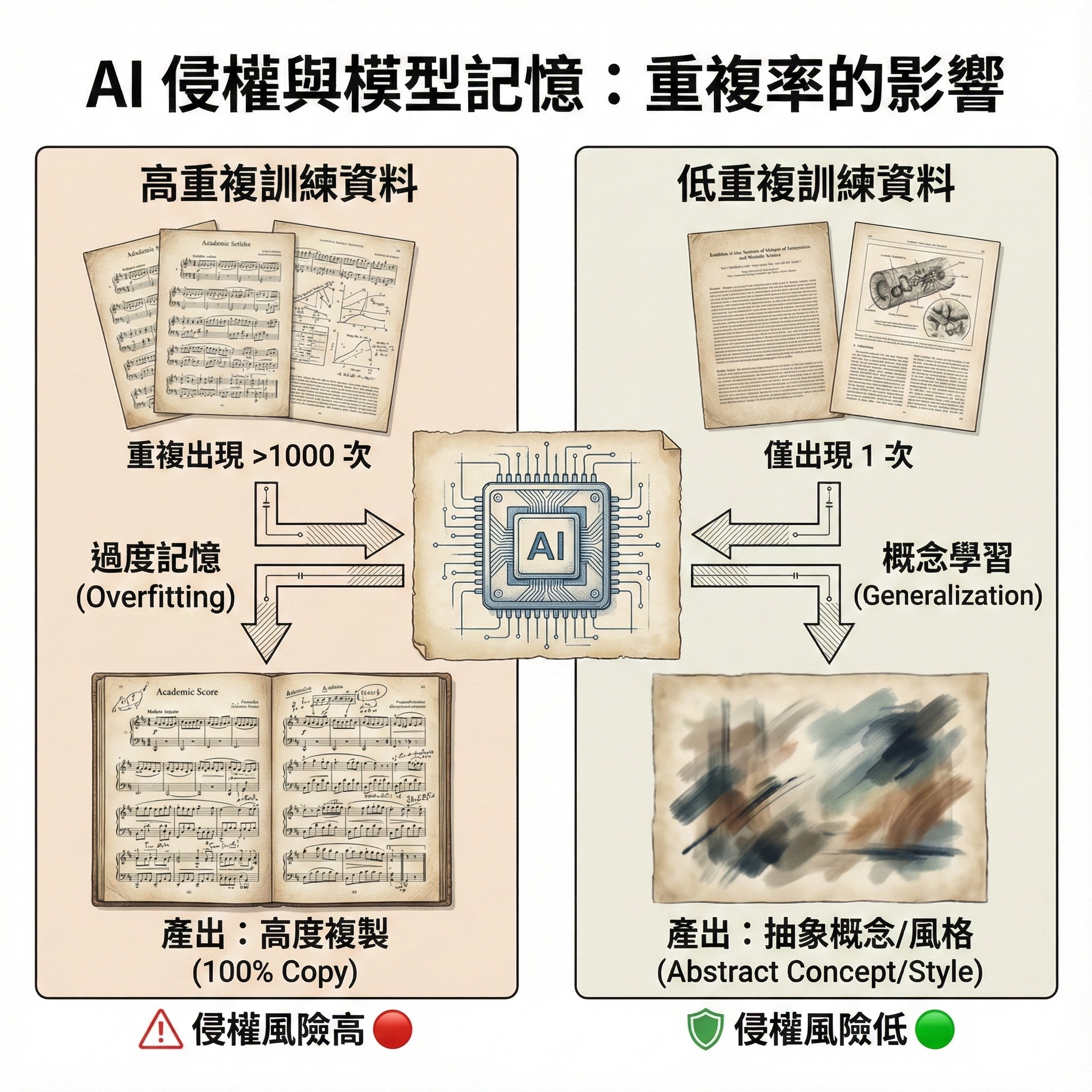AI 模型記憶與重複資料影響的原文示意圖