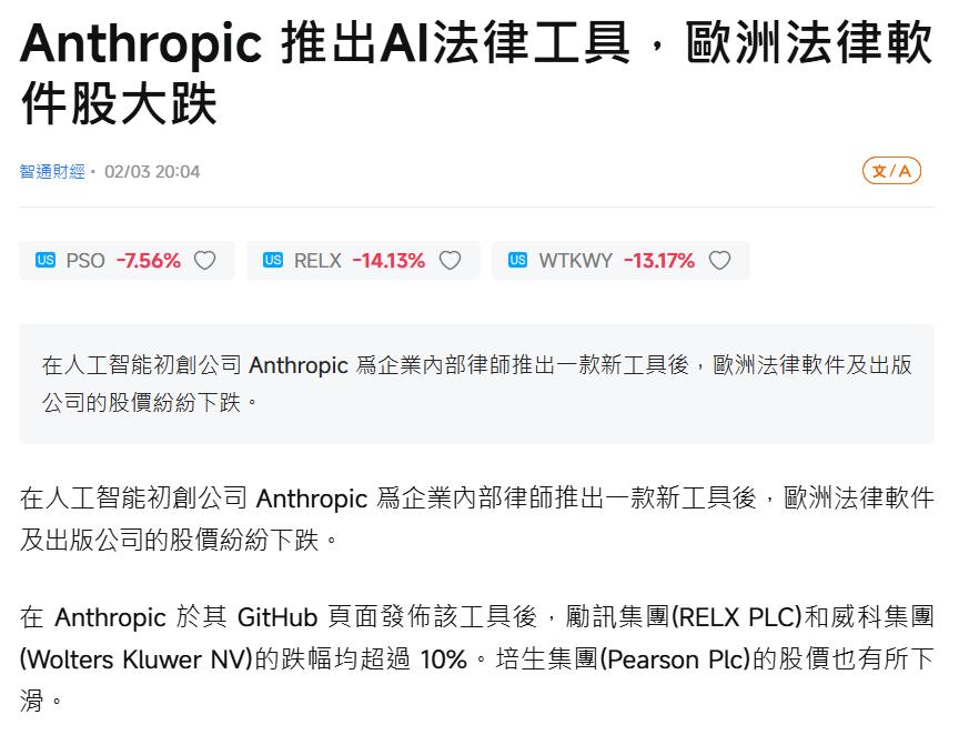 Anthropic 法律工具相關報導截圖