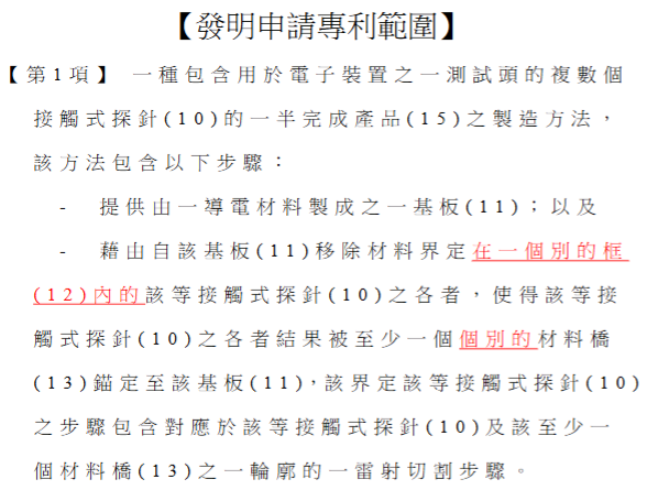 原圖以紅字標示的專利請求項修正內容