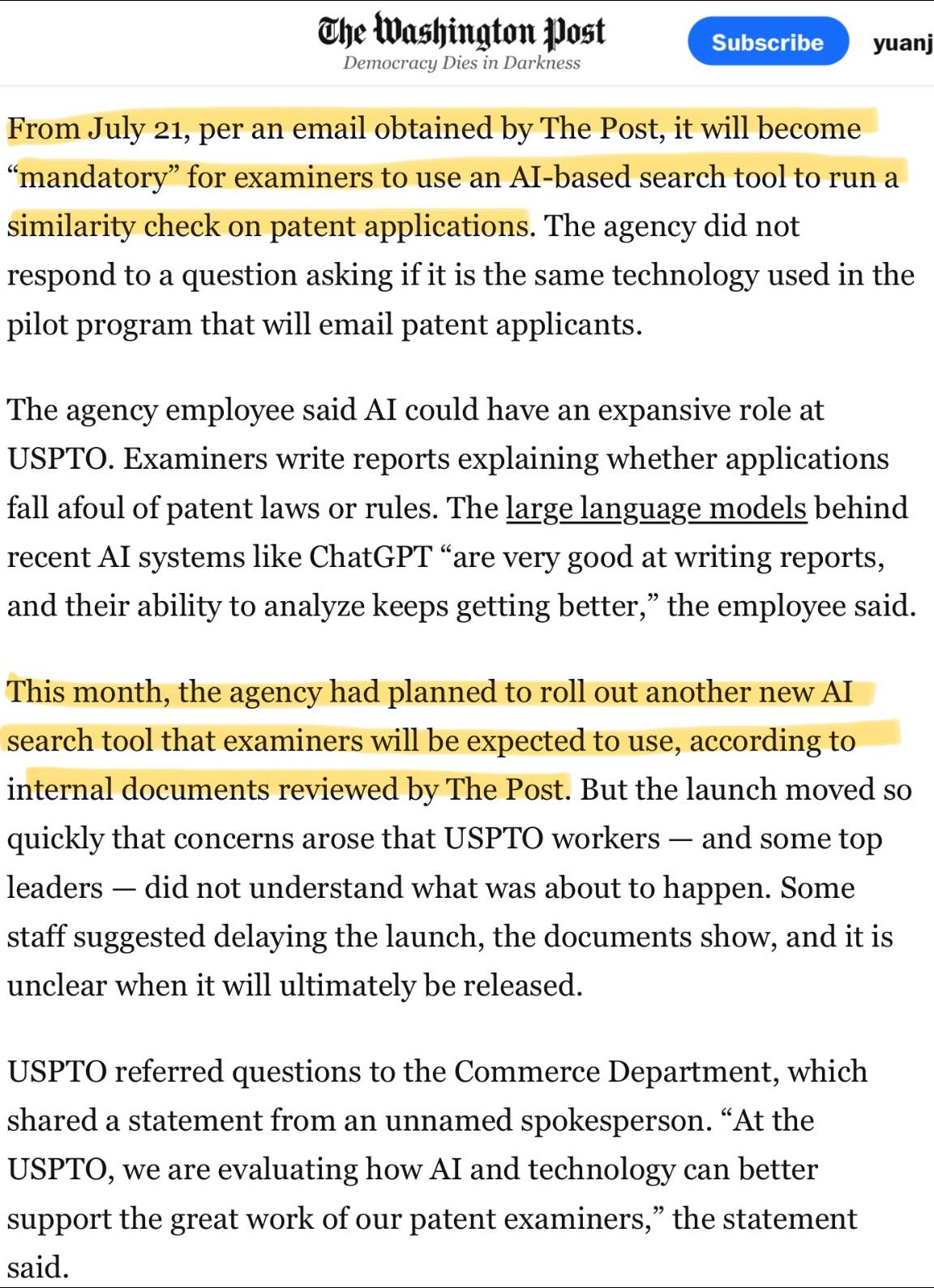 USPTO 導入 AI 檢索相關文章截圖