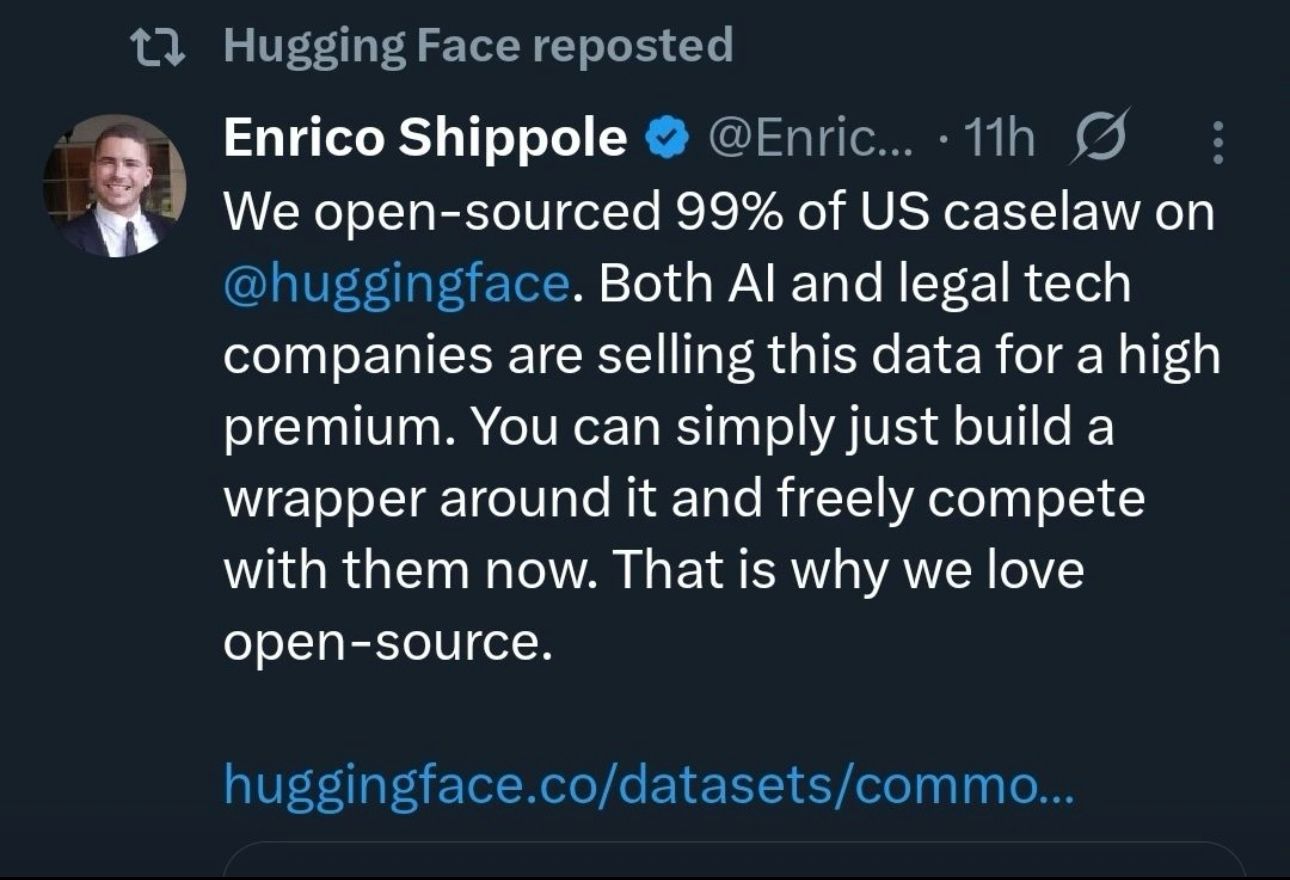 Hugging Face 美國判例資料集的開源公告貼文